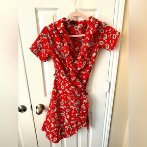 Wrap dress floral v neck ruffle red black cream Topshop size 2